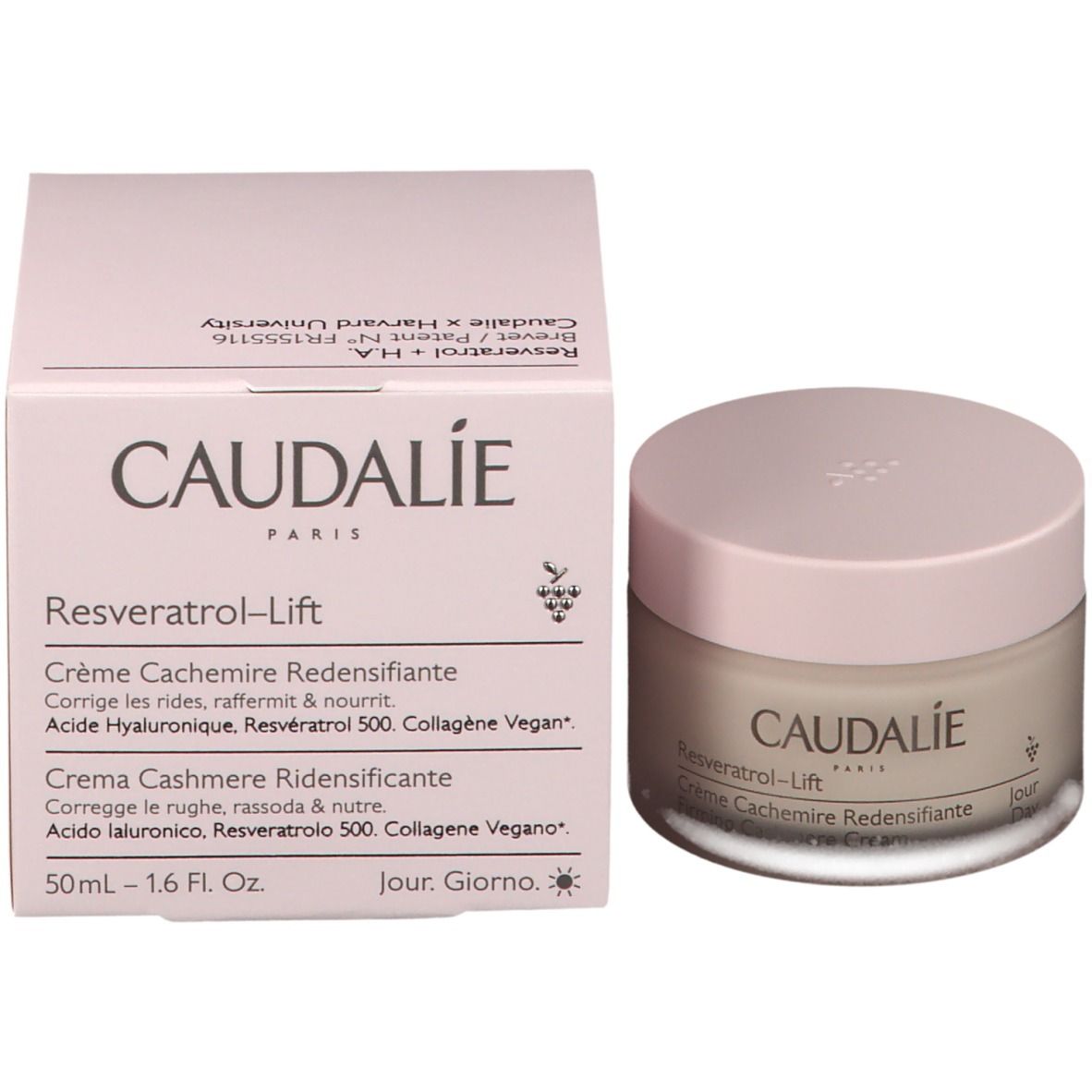 Pot de crème et boîte. Inscription: CAUDALIE, Resveratrol-Lift, Crème Cachemire Redensifiante.