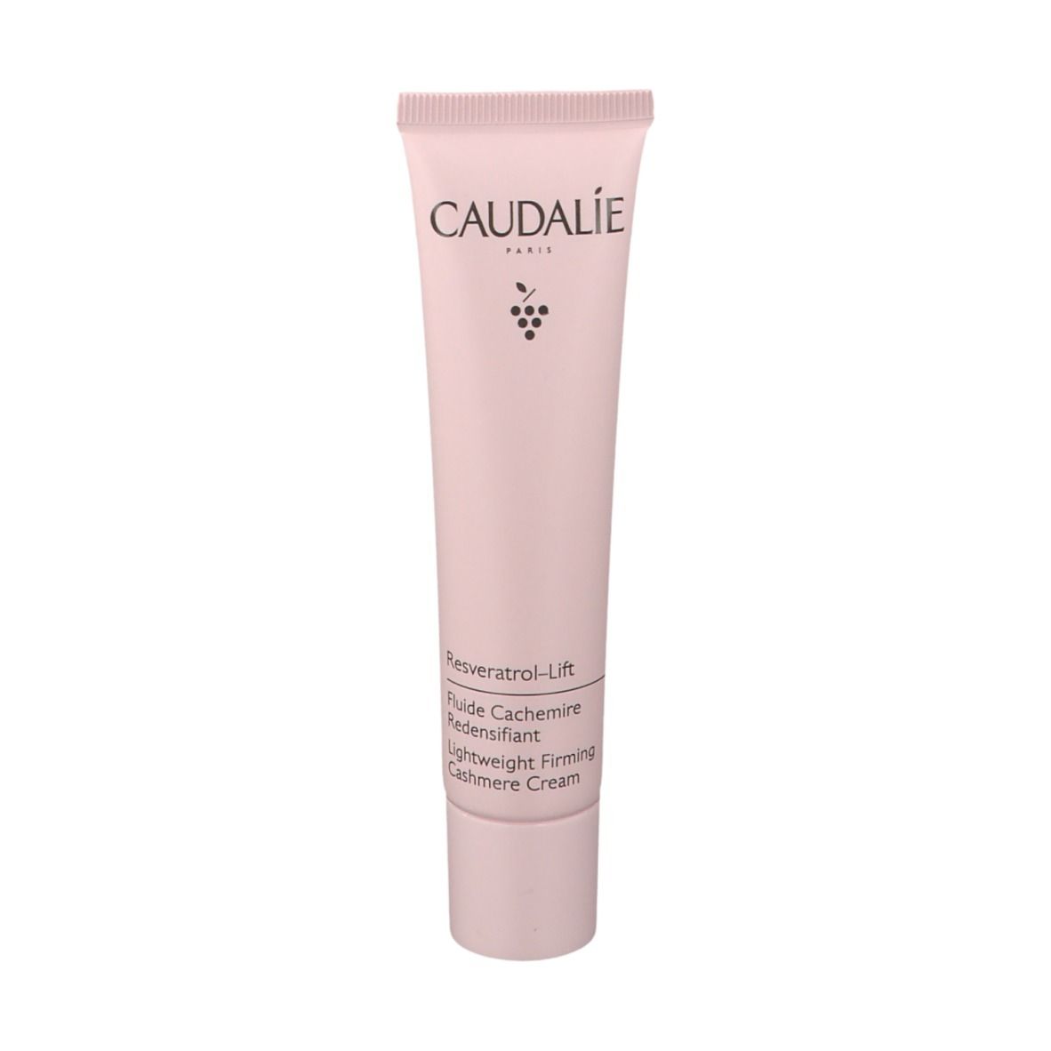 Rosa Tube mit CAUDALÍE-Logo und Produktbezeichnung. Text: Resveratrol-Lift, Flude Cachemire Redensifiant, Lightweight Firming Cashmere Cream.
