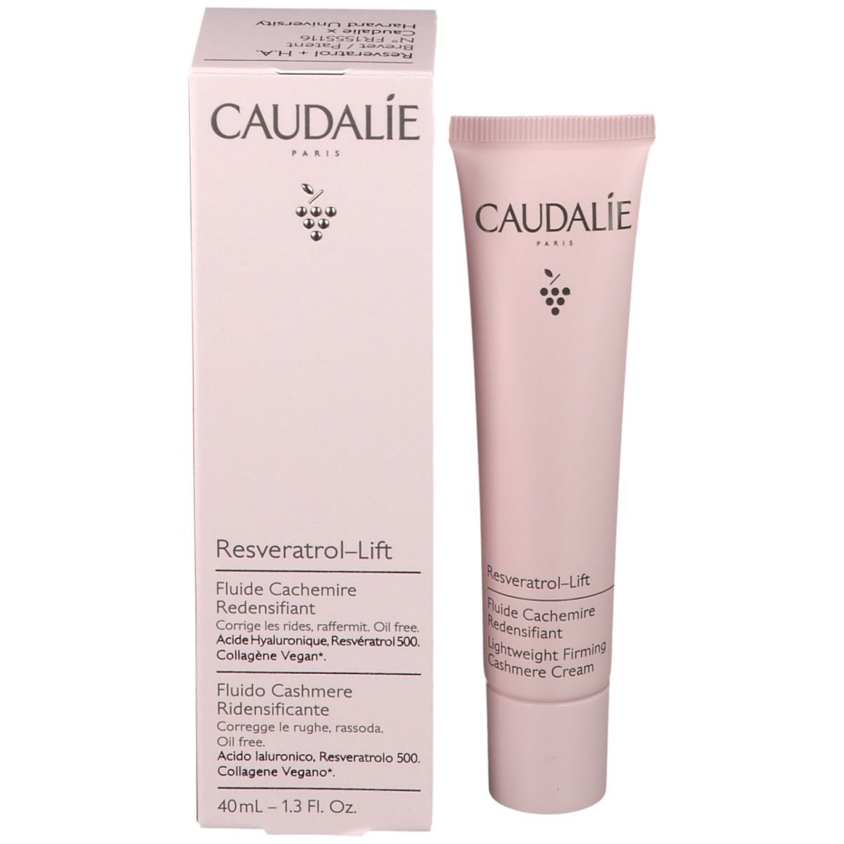 Produktverpackung mit Tube und Schachtel. CAUDALÍE-Logo und Produktbezeichnung. Text: Resveratrol-Lift, Flude Cachemire Redensifiant.
