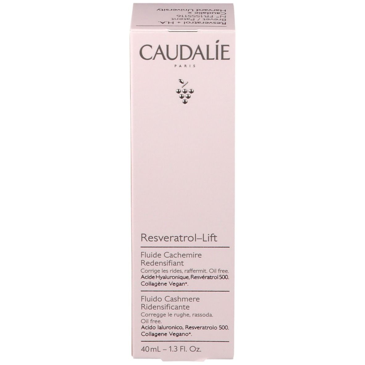 Produktverpackung mit Schachtel. CAUDALÍE-Logo und Produktbezeichnung. Text: Resveratrol-Lift, Flude Cachemire Redensifiant.