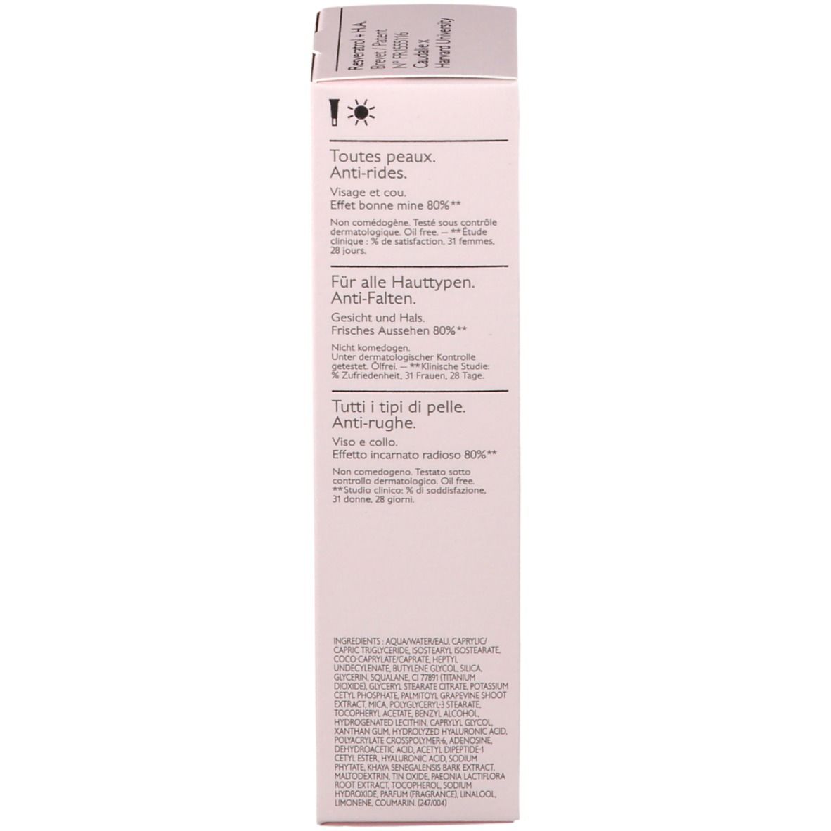 Rückseite der Produktverpackung mit Text. Inhaltsstoffe und Informationen in mehreren Sprachen.