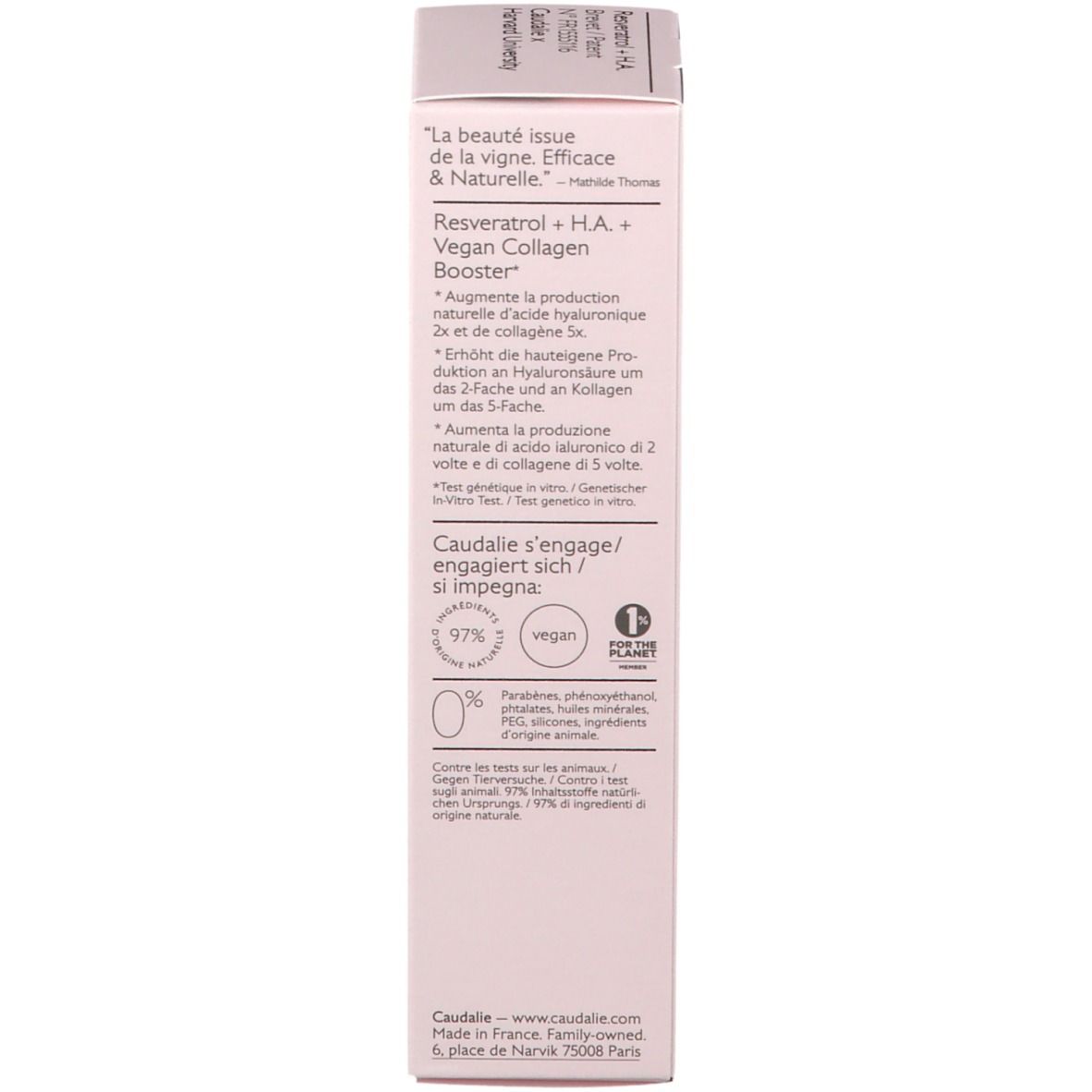 Produktverpackung mit Text. Informationen zu Inhaltsstoffen, Zertifizierungen und Hersteller.