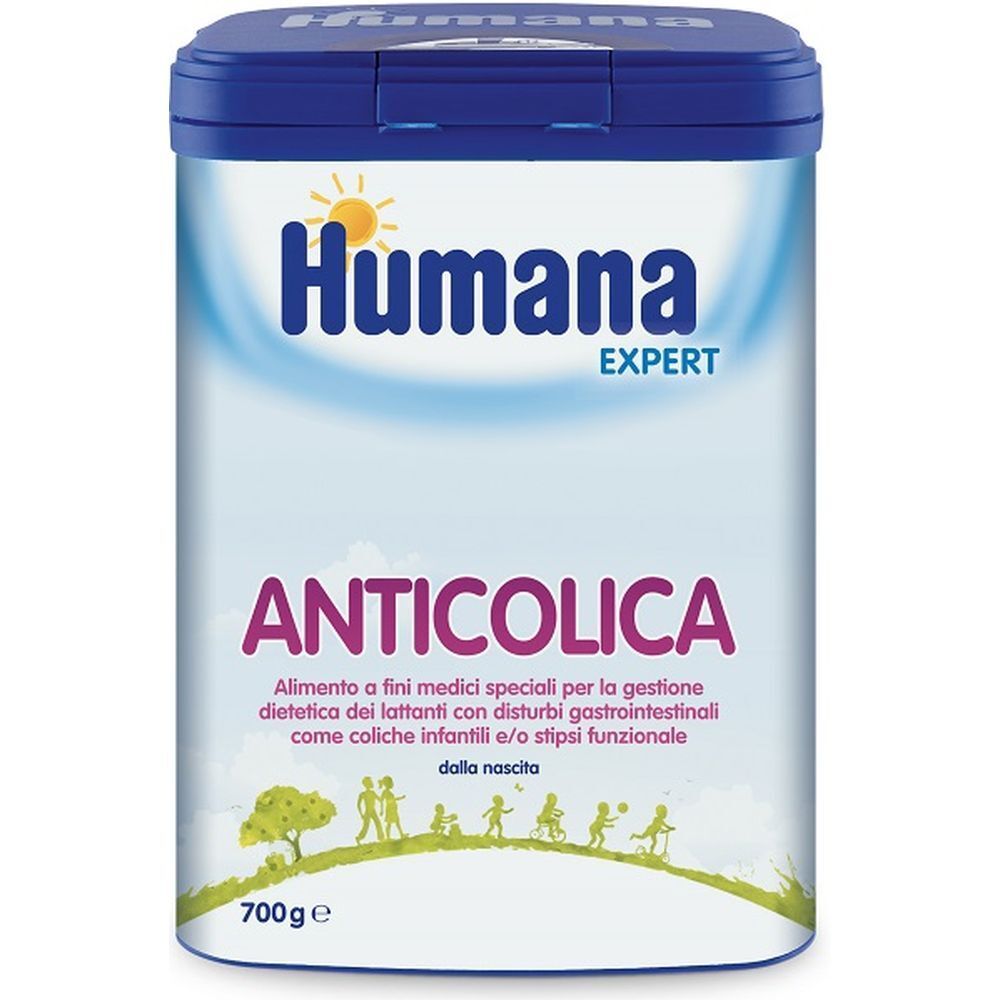 Barattolo Humana Expert Anticolica. Coperchio blu, contenitore bianco con nome e logo del prodotto. 700g.