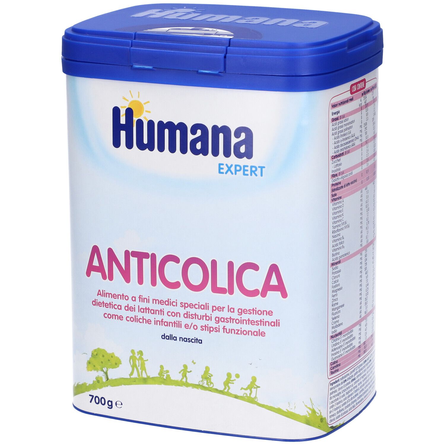 Barattolo Humana Expert Anticolica. Coperchio blu, contenitore bianco con nome e logo del prodotto. 700g.