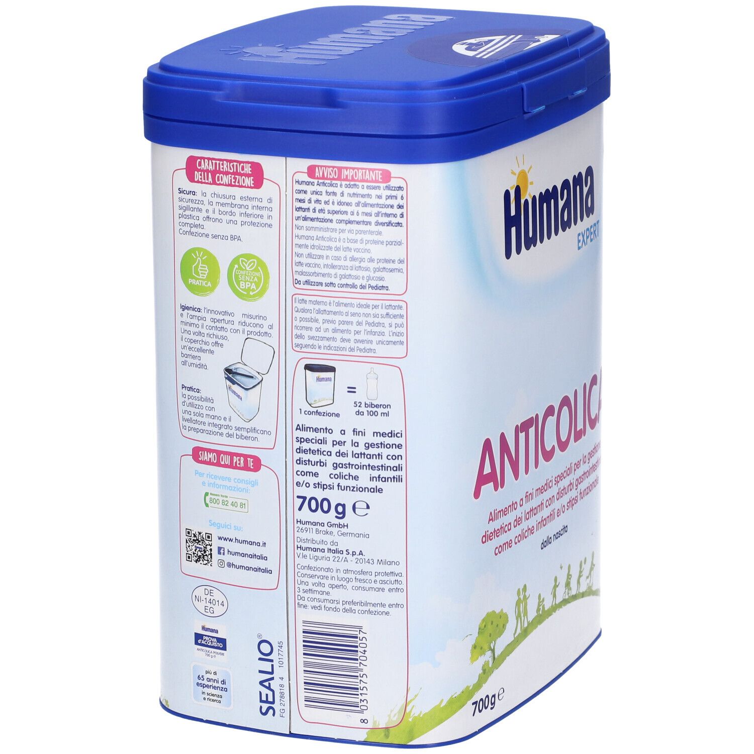 Retro del barattolo Humana Expert Anticolica. Informazioni, coperchio blu. 700g. Testo in tedesco, italiano.