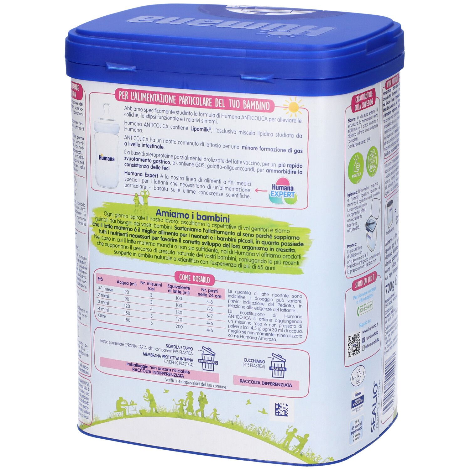Retro del barattolo Humana Expert Anticolica. Informazioni, coperchio blu. 700g. Testo in tedesco, italiano.