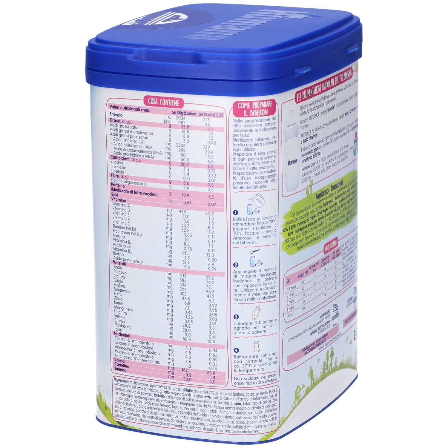 Retro del barattolo Humana Expert Anticolica. Informazioni, coperchio blu. 700g. Testo in tedesco, italiano.