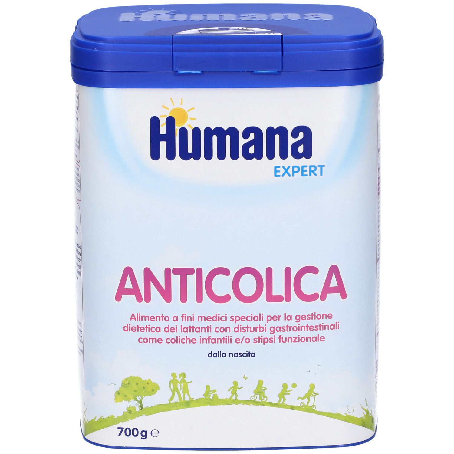 Barattolo Humana Expert Anticolica. Coperchio blu, contenitore bianco con nome e logo del prodotto. 700g.