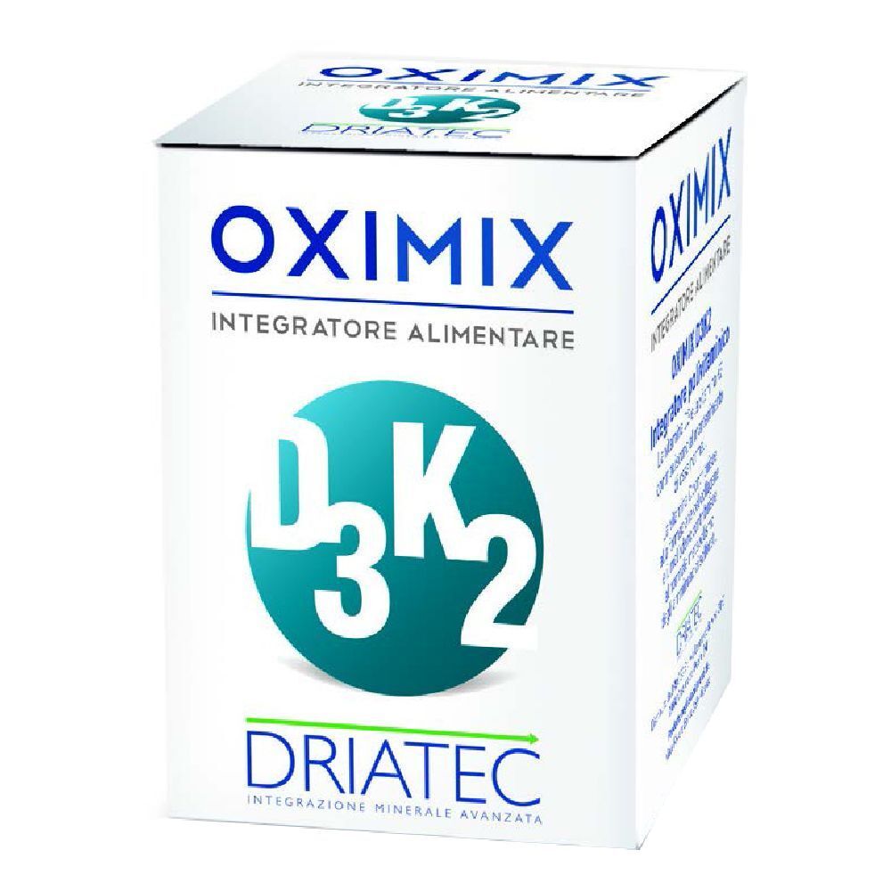 Weiße Schachtel mit blauem Text. Oximix D3K2, Nahrungsergänzungsmittel. Driatec-Logo unten.