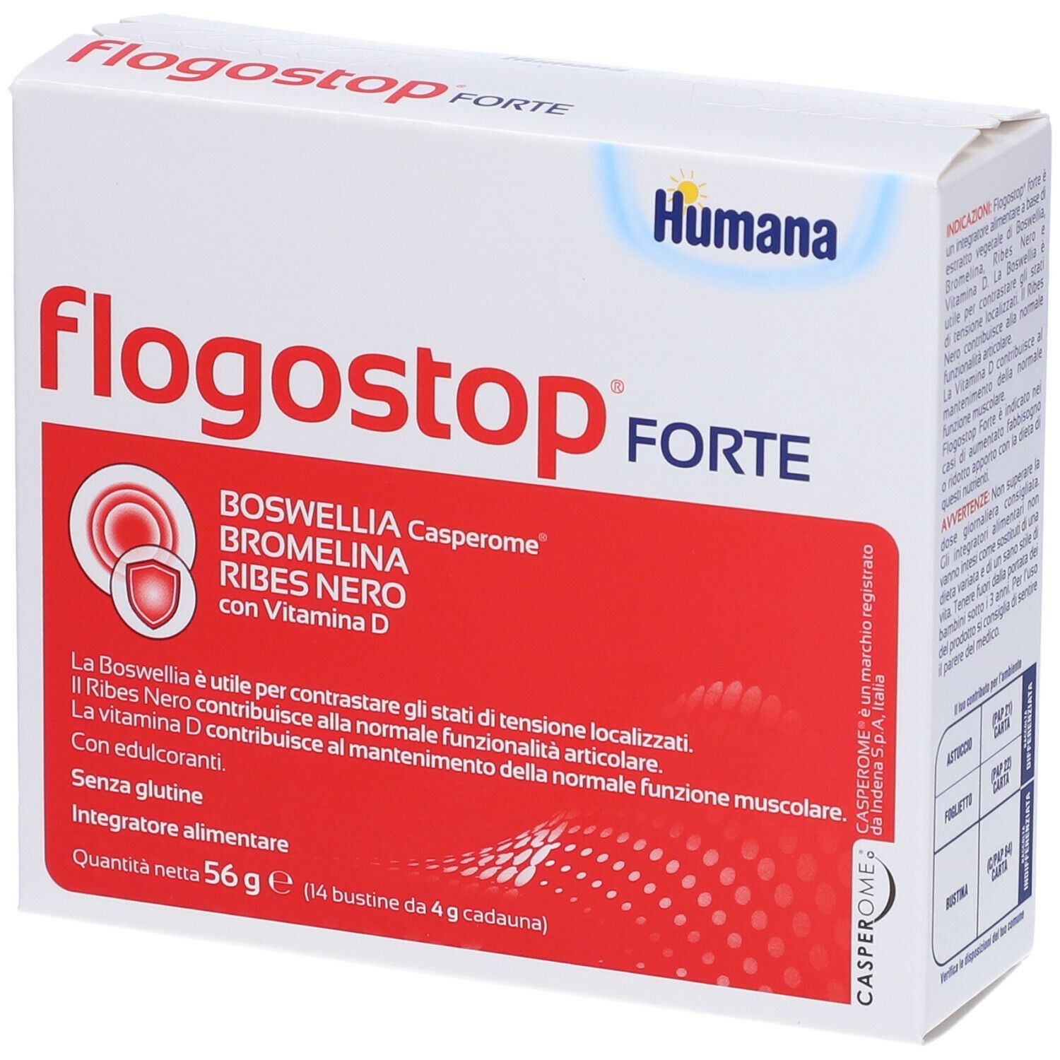 Confezione Humana Flogostop FORTE. Scatola rossa e bianca con nome del prodotto e ingredienti. Marchio Humana.