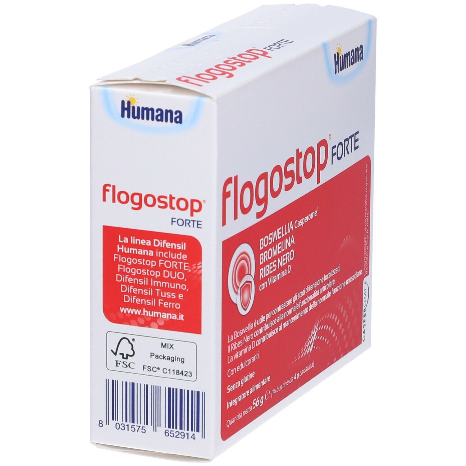 Confezione Humana Flogostop FORTE. Scatola bianca con area rossa e informazioni sul prodotto. Marchio Humana.