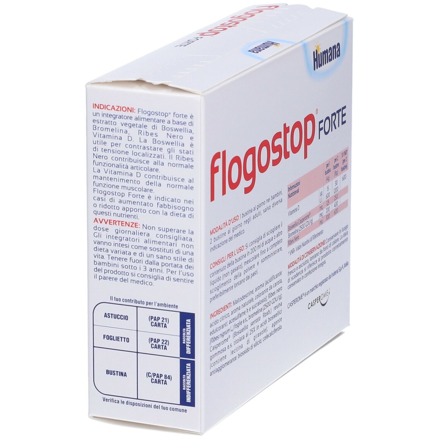 Confezione Humana Flogostop FORTE. Scatola bianca con nome del prodotto e istruzioni. Marchio Humana.