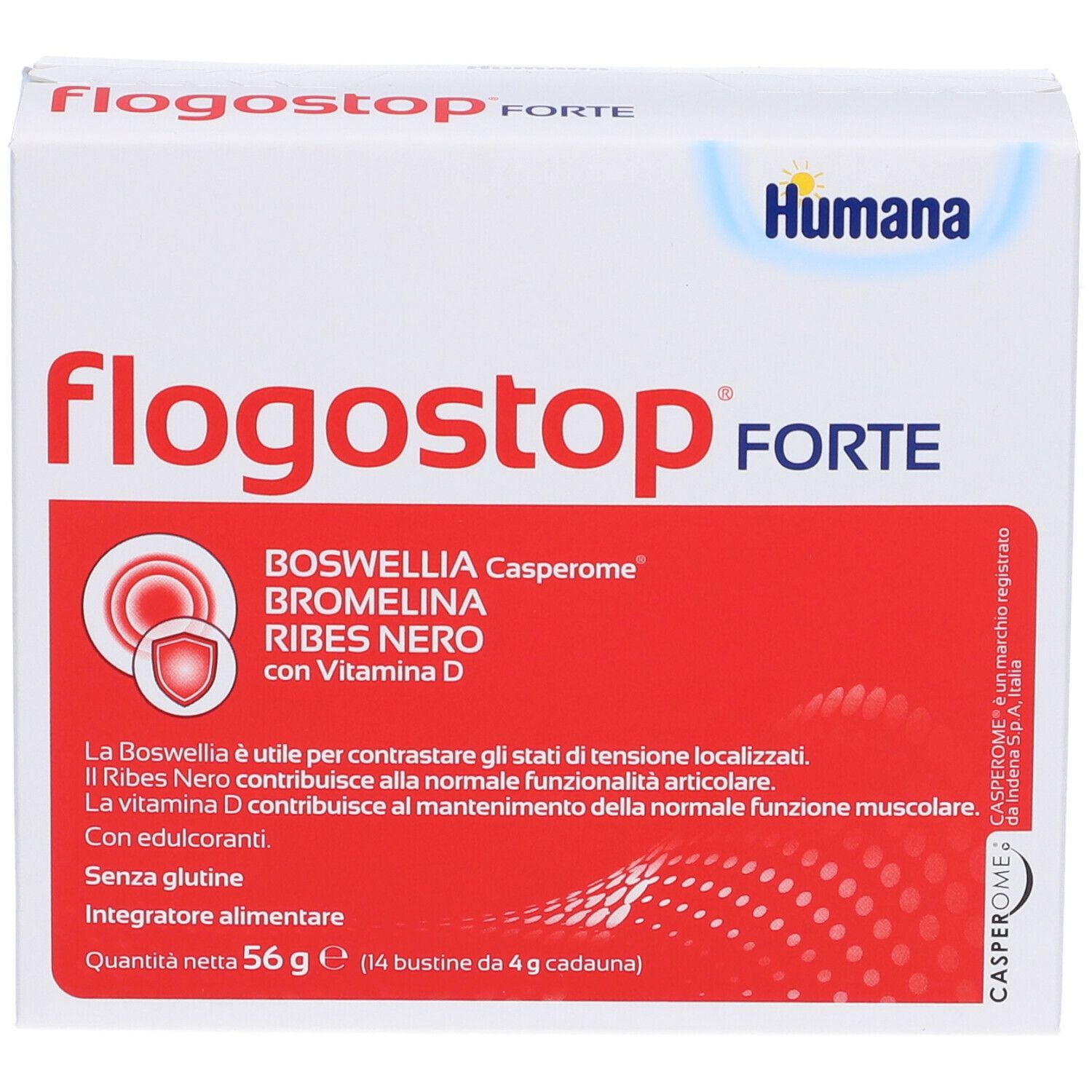 Confezione Humana Flogostop FORTE. Scatola rossa e bianca con nome del prodotto e ingredienti. Marchio Humana.