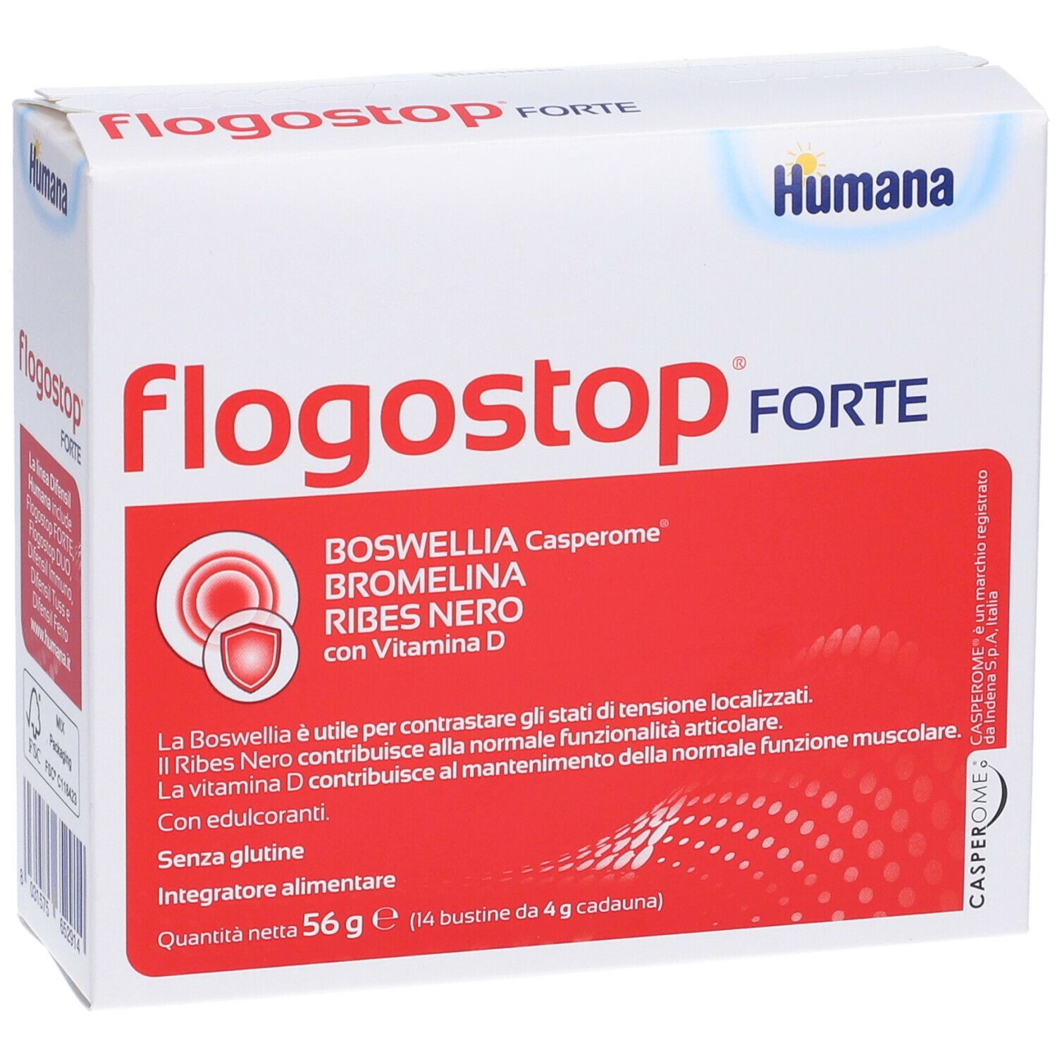 Confezione Humana Flogostop FORTE. Scatola rossa e bianca con nome del prodotto e ingredienti. Marchio Humana.