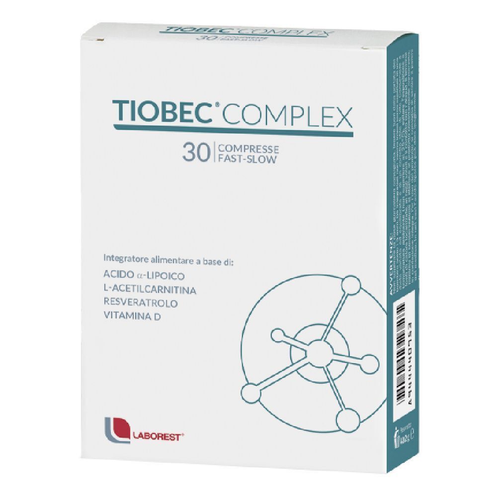 Scatola "Tiobec Complex" con 30 compresse. Contiene ingredienti come la vitamina D.