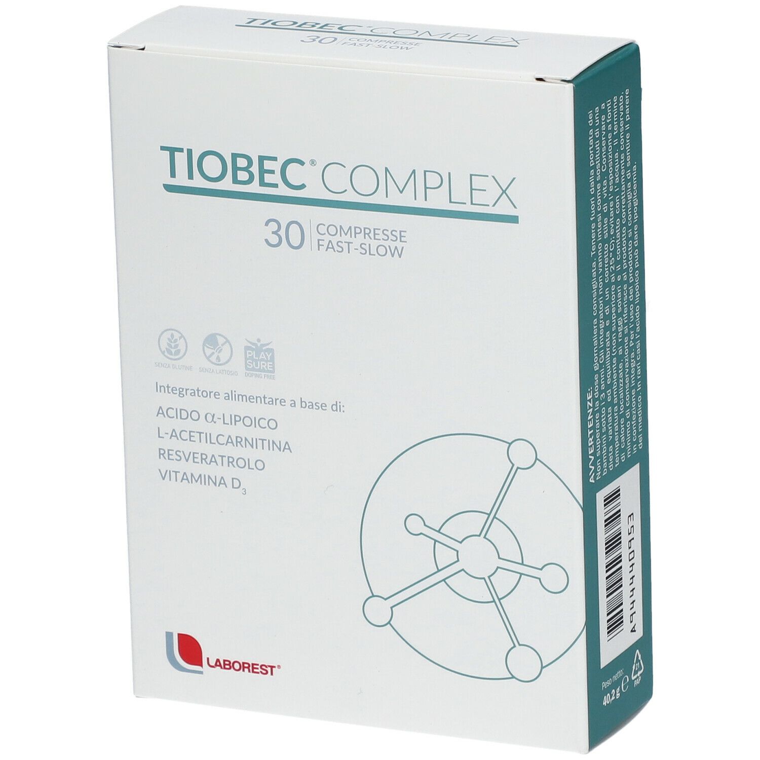 Scatola bianca "Tiobec Complex" con 30 compresse. Contiene vitamina D.