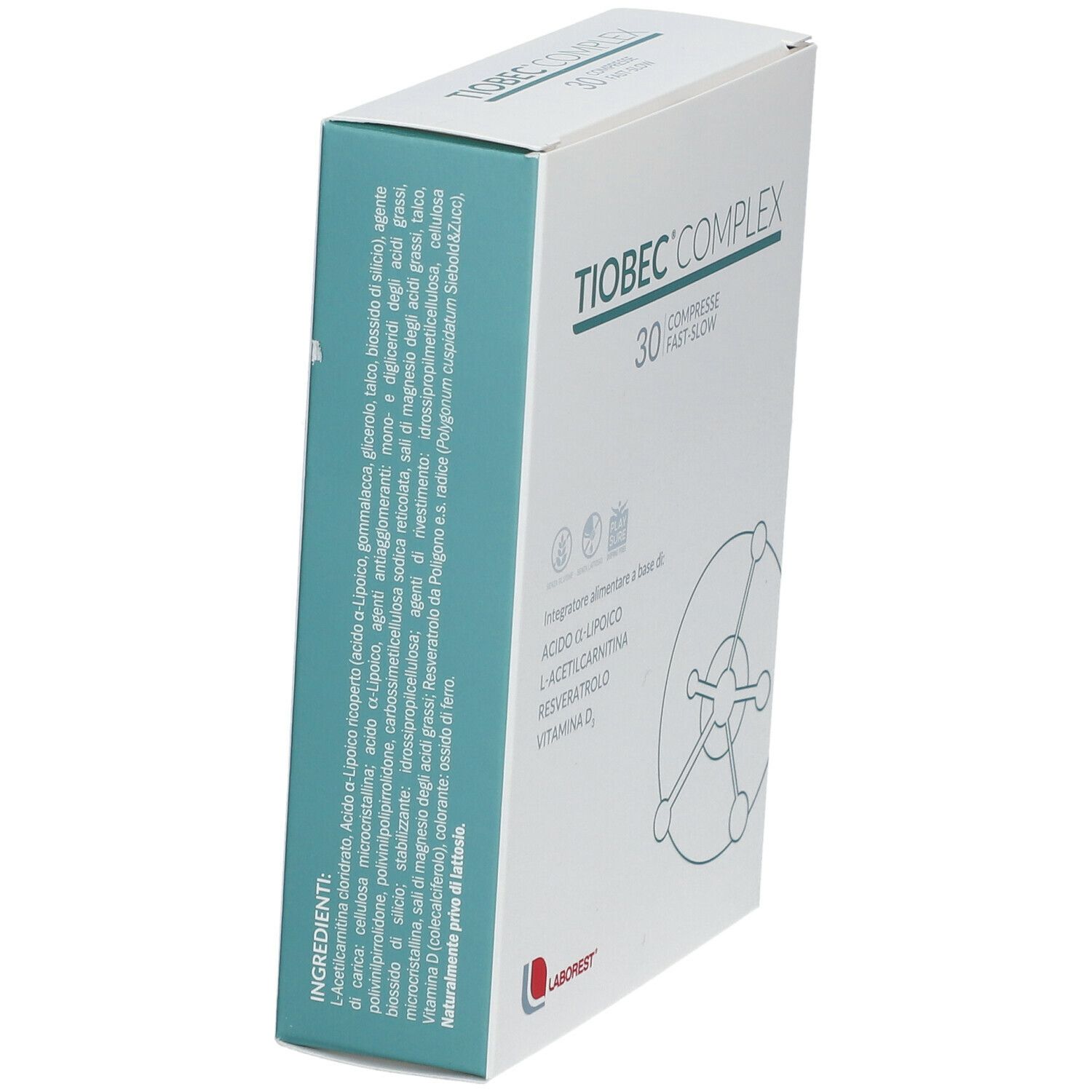 Scatola "Tiobec Complex" con 30 compresse. Contiene vitamina D.
