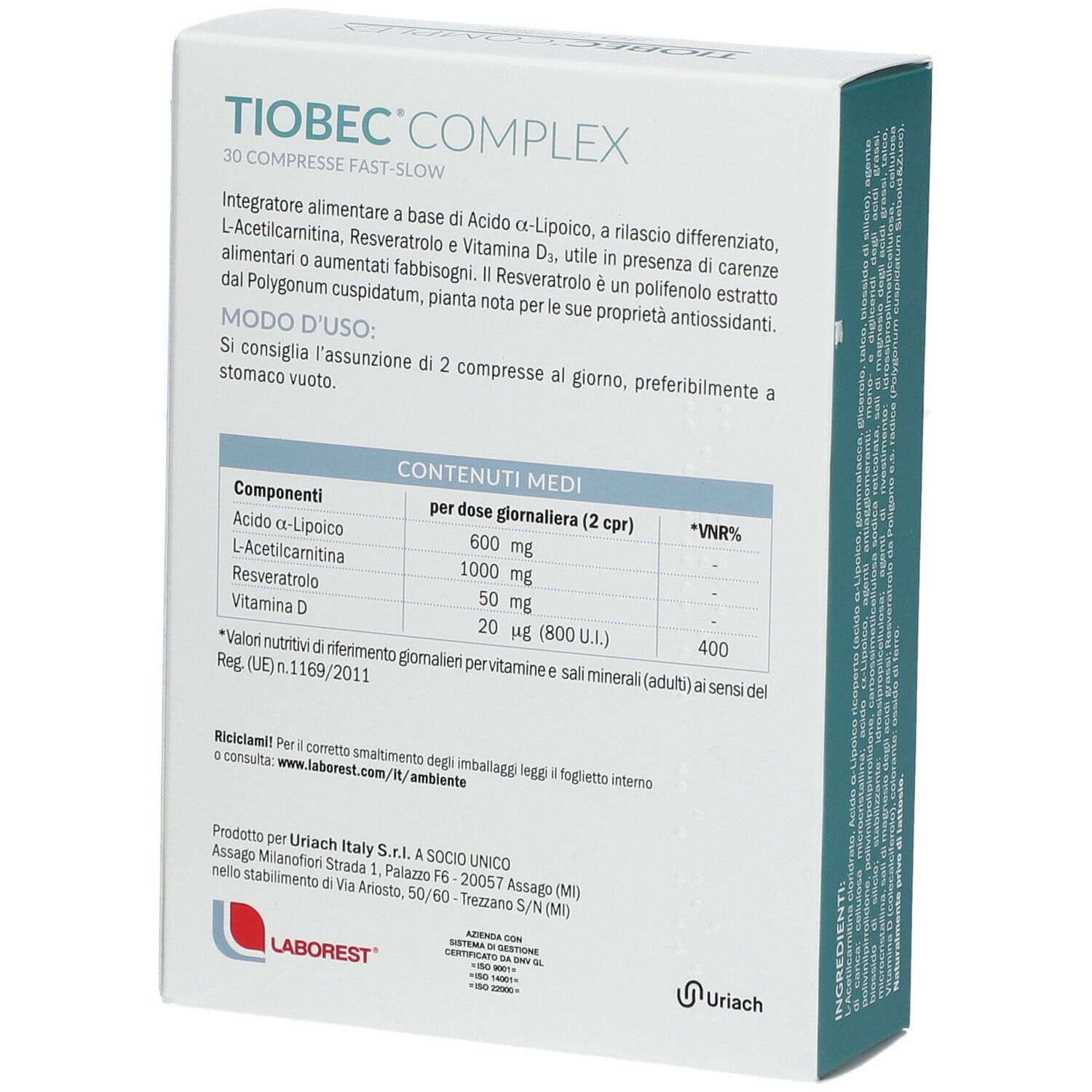 Scatola "Tiobec Complex" con 30 compresse. Contiene vitamina D.
