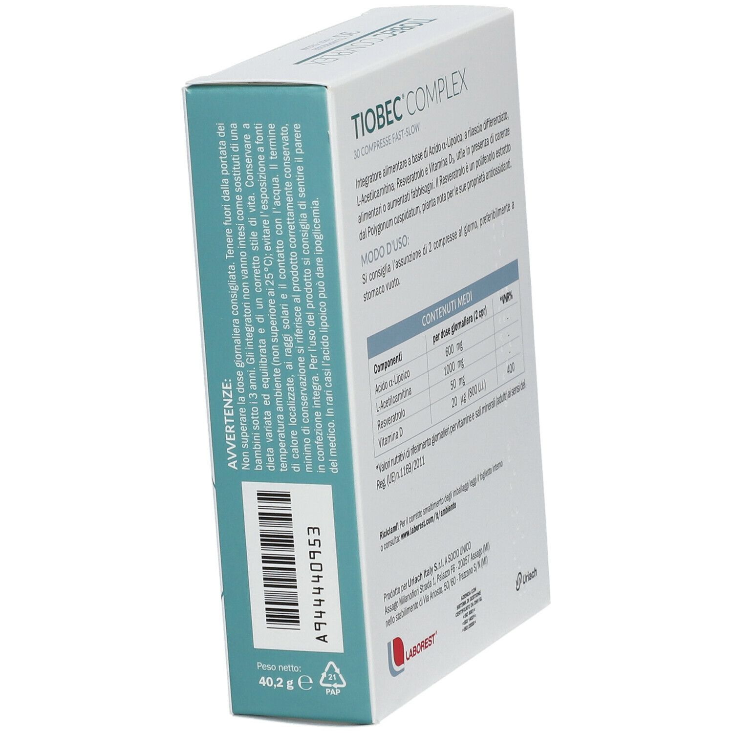 Scatola "Tiobec Complex" con 30 compresse. Contiene vitamina D.