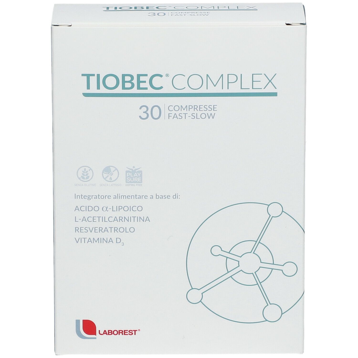 Scatola "Tiobec Complex" con 30 compresse. Contiene vitamina D.