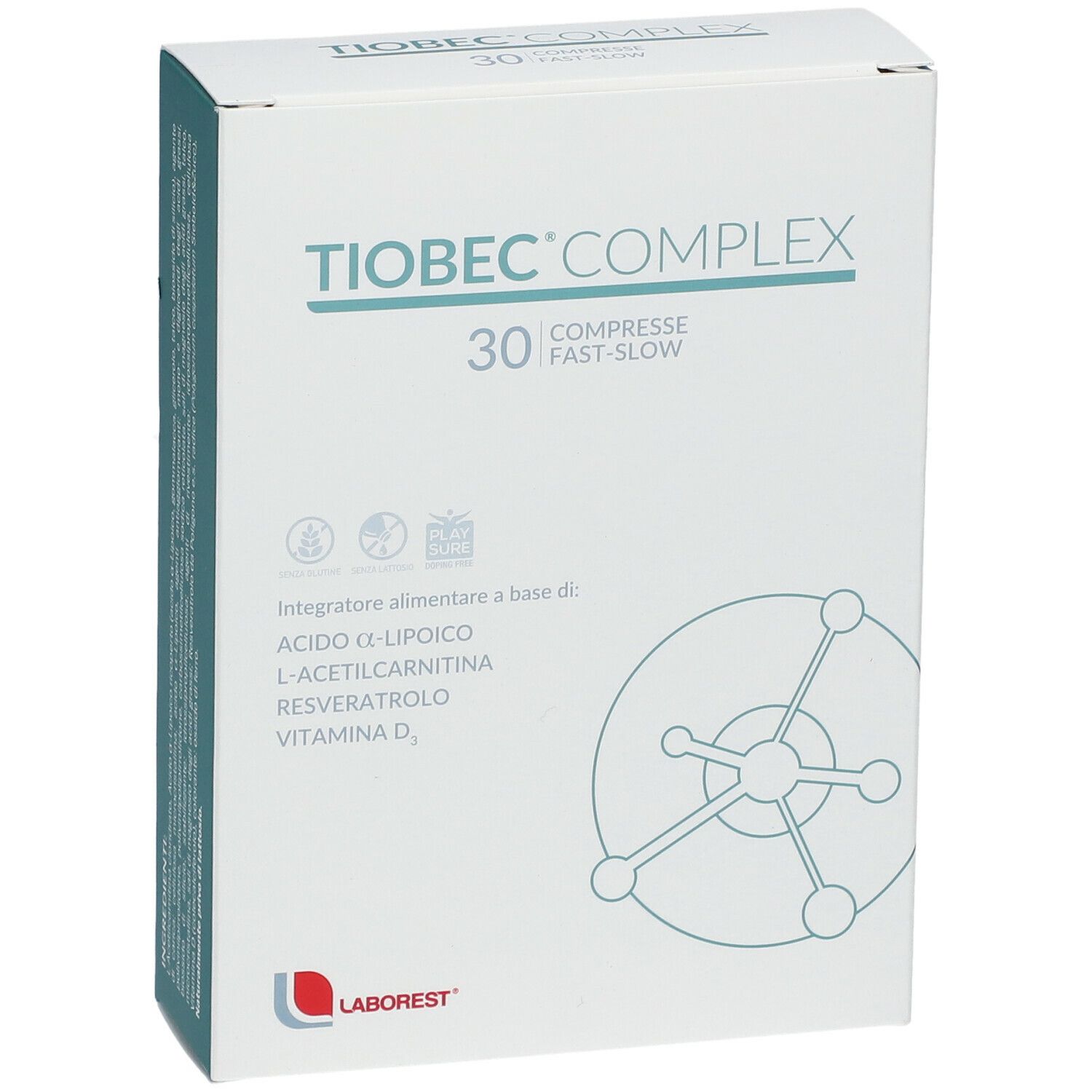 Scatola "Tiobec Complex" con 30 compresse. Contiene vitamina D.