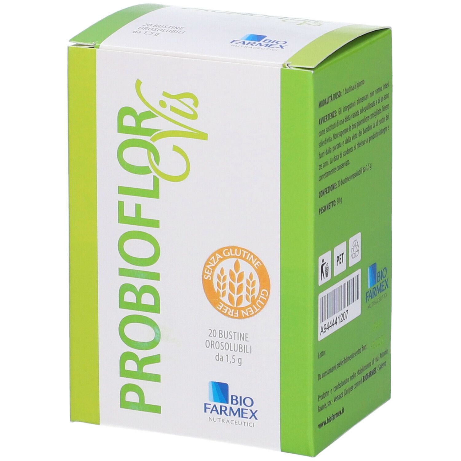 Scatola PROBIOFLOR Vis. Senza glutine. 20 bustine da 1,5 g. Logo Biofarmex. Design verde e bianco.
