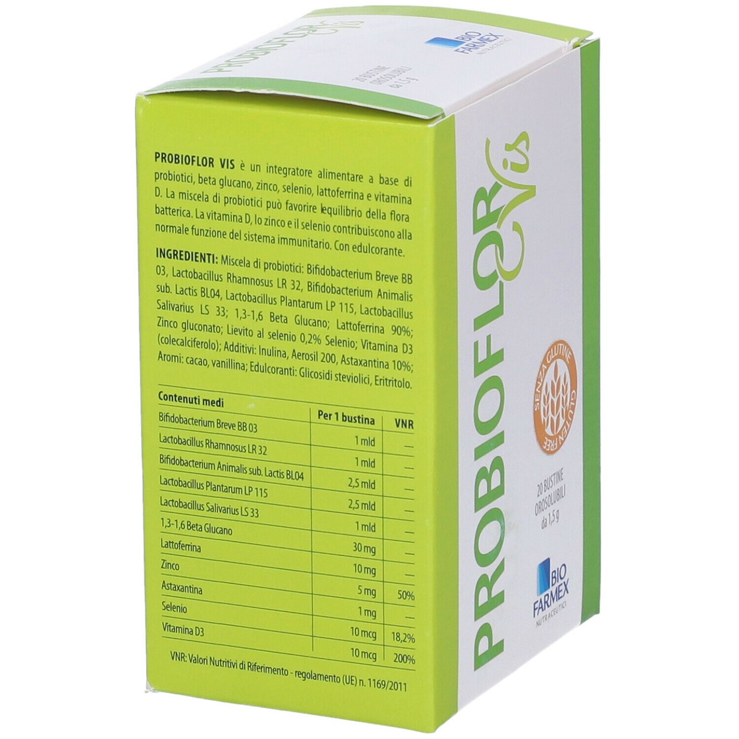 Scatola PROBIOFLOR Vis. Ingredienti e informazioni nutrizionali. Design verde e bianco. Logo Biofarmex.
