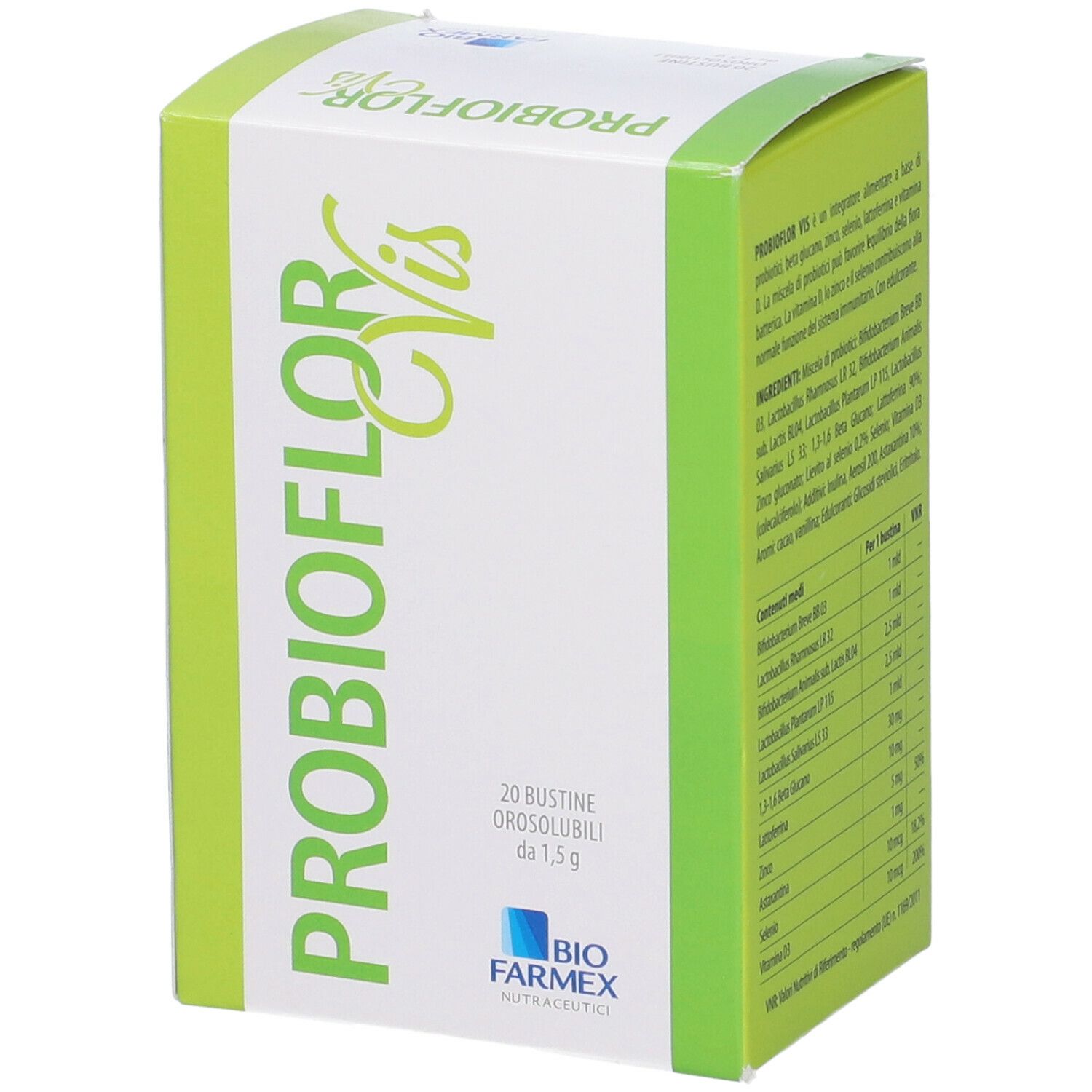 Scatola PROBIOFLOR Vis. Retro con ingredienti e informazioni nutrizionali. Logo Biofarmex.