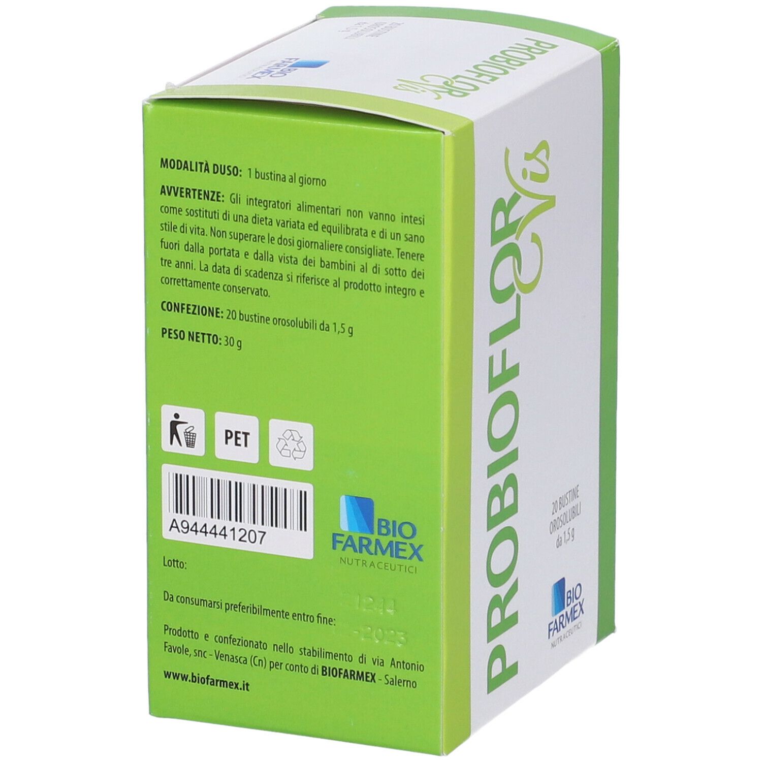 Scatola PROBIOFLOR Vis. Istruzioni per l'uso e avvertenze. Logo Biofarmex. Design verde e bianco.