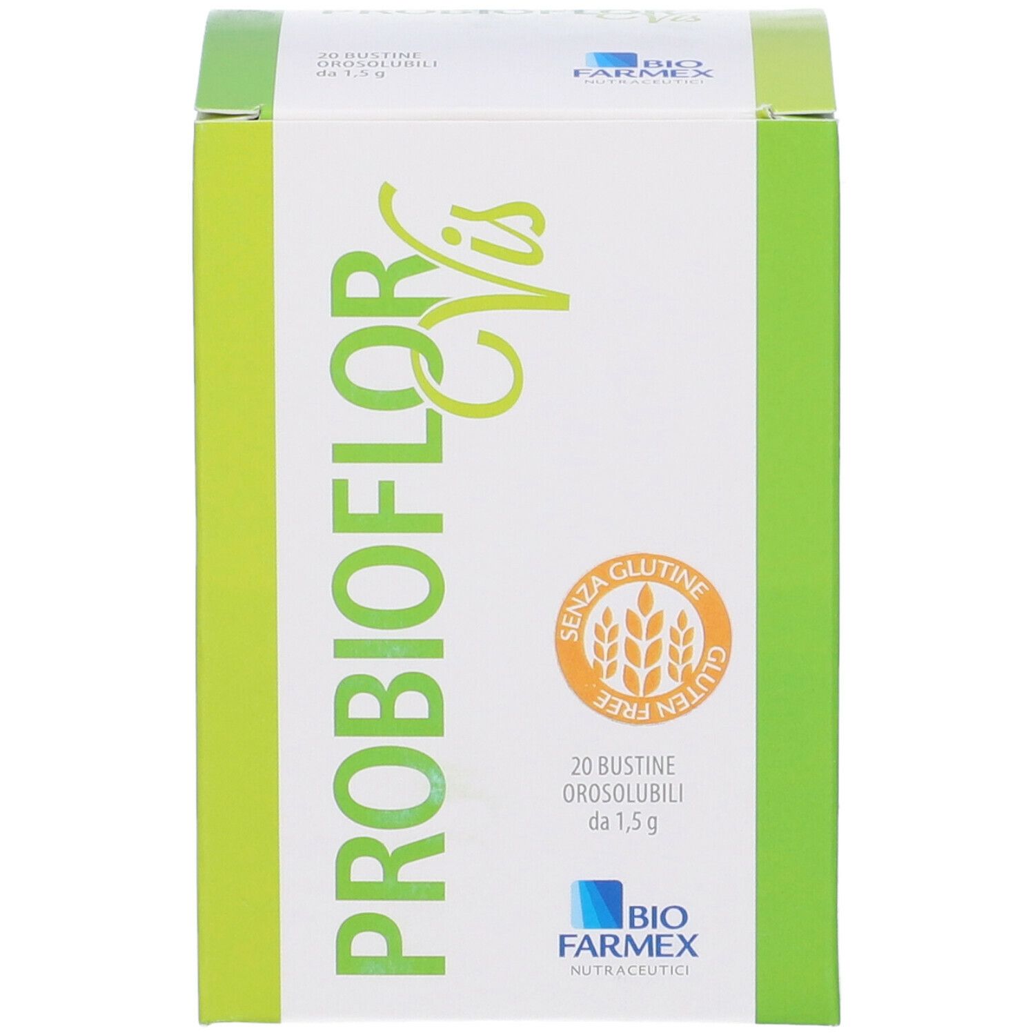 Scatola PROBIOFLOR Vis. Senza glutine. 20 bustine da 1,5 g. Logo Biofarmex. Design verde e bianco.