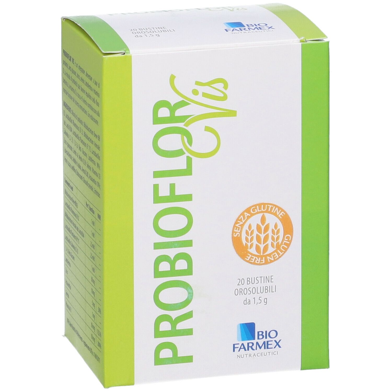 Scatola PROBIOFLOR Vis. Senza glutine. 20 bustine da 1,5 g. Logo Biofarmex. Design verde e bianco.