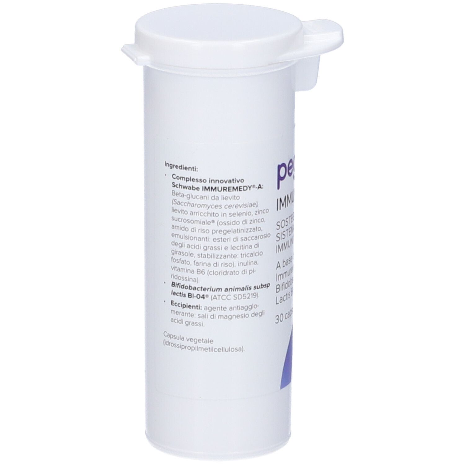 Weißer Zylinder mit Deckel. Aufdruck: pegaso IMMUNO. Text: Inhaltsstoffe, Schwabe IMMUREMEDY-A, Bifidobacterium lactis BI-04.
