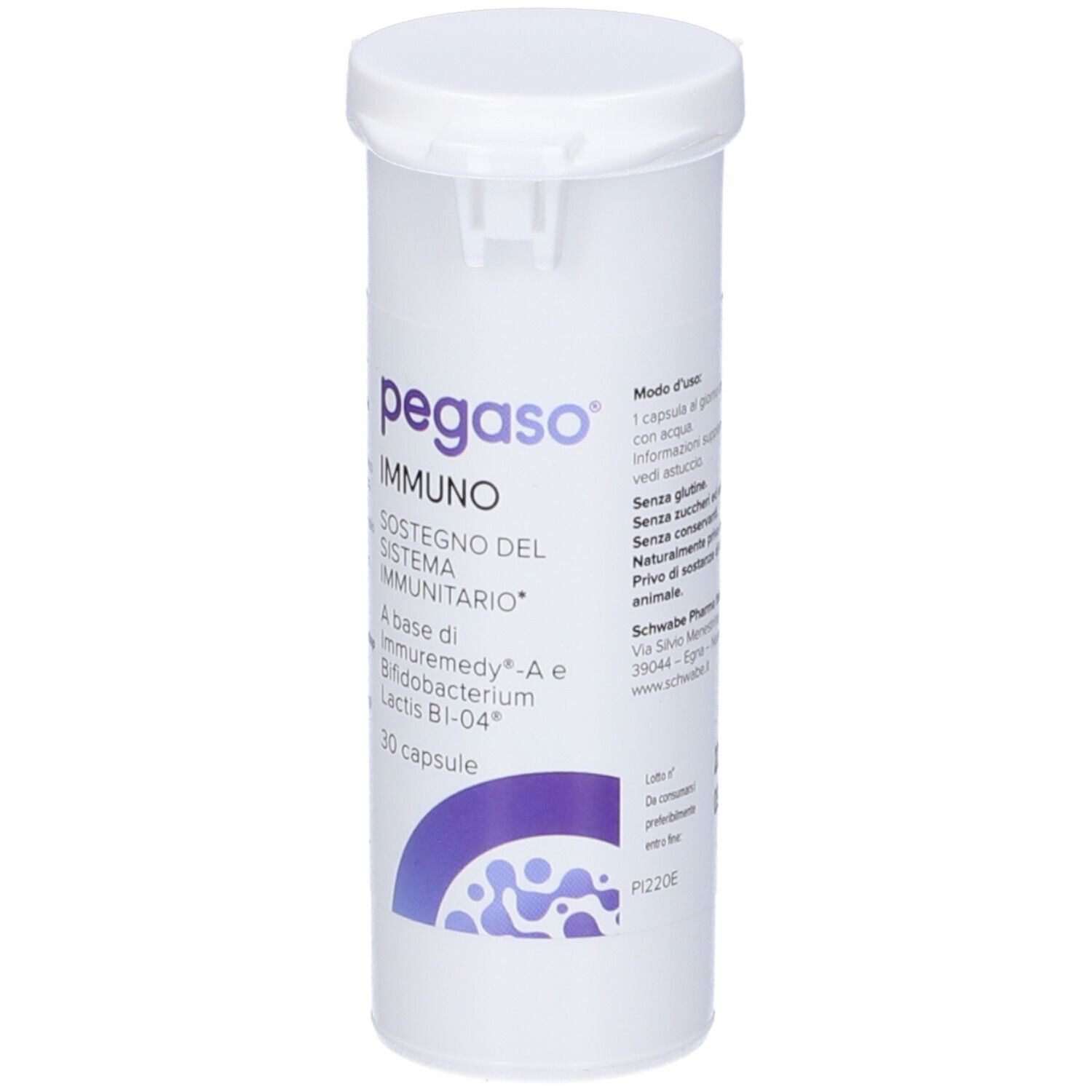Weißer Zylinder mit Deckel. Aufdruck: pegaso IMMUNO, 30 Kapseln. Lila Bogen. Text: Sostegno del Sistema Immunitario.