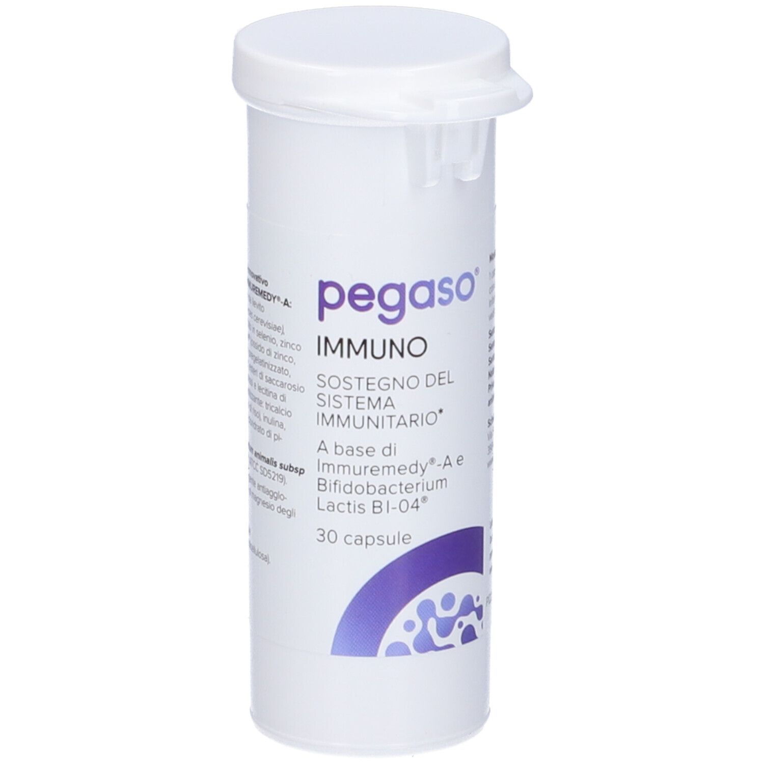 Weißer Zylinder mit Deckel. Aufdruck: pegaso IMMUNO, 30 Kapseln. Lila Bogen. Text: Sostegno del Sistema Immunitario.