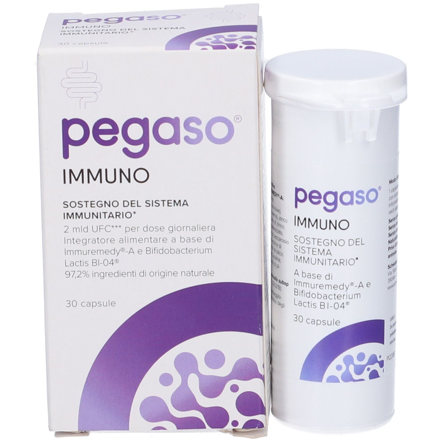 Produktverpackung und Zylinder. Verpackung: weiß, pegaso IMMUNO, 30 Kapseln. Zylinder: weiß, pegaso IMMUNO, 30 Kapseln.