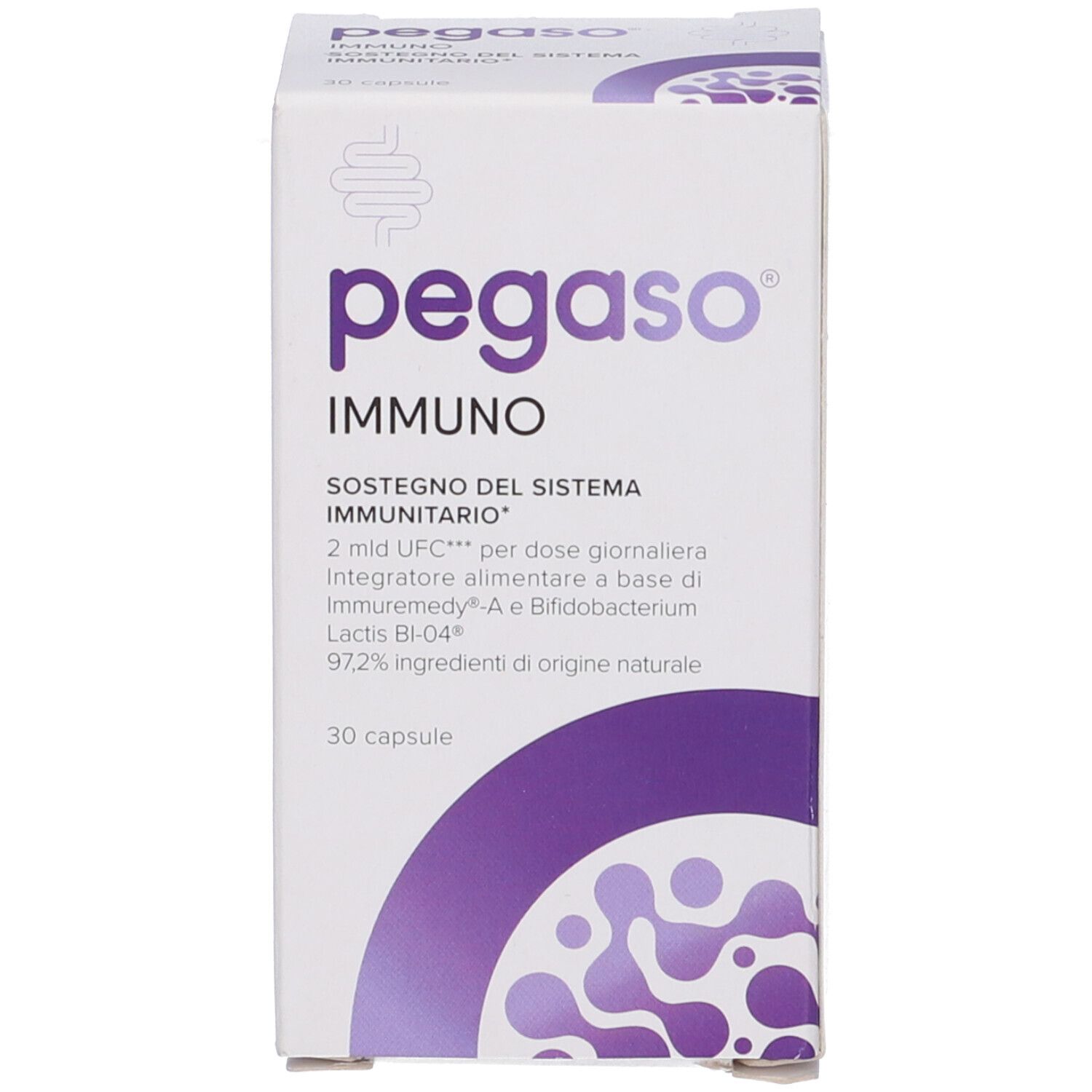 Weiße Produktverpackung. Aufdruck: pegaso IMMUNO, 30 Kapseln. Text: Sostegno del Sistema Immunitario. Lila Logo.