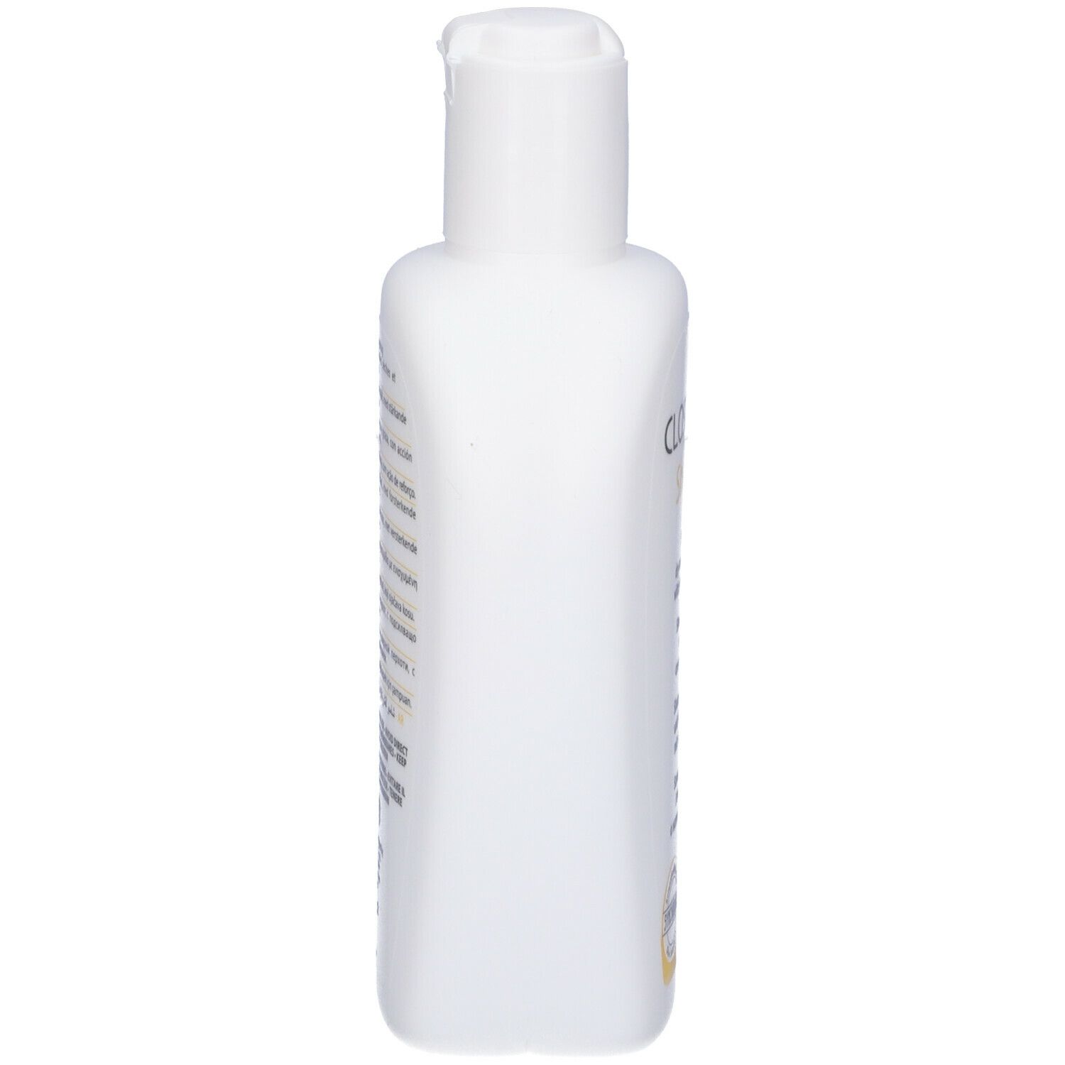 Flacone di shampoo bianco. Tappo a ribalta. Testo sul flacone.