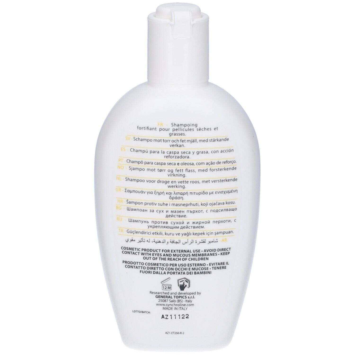 Retro di un flacone di shampoo bianco. Testo in più lingue.