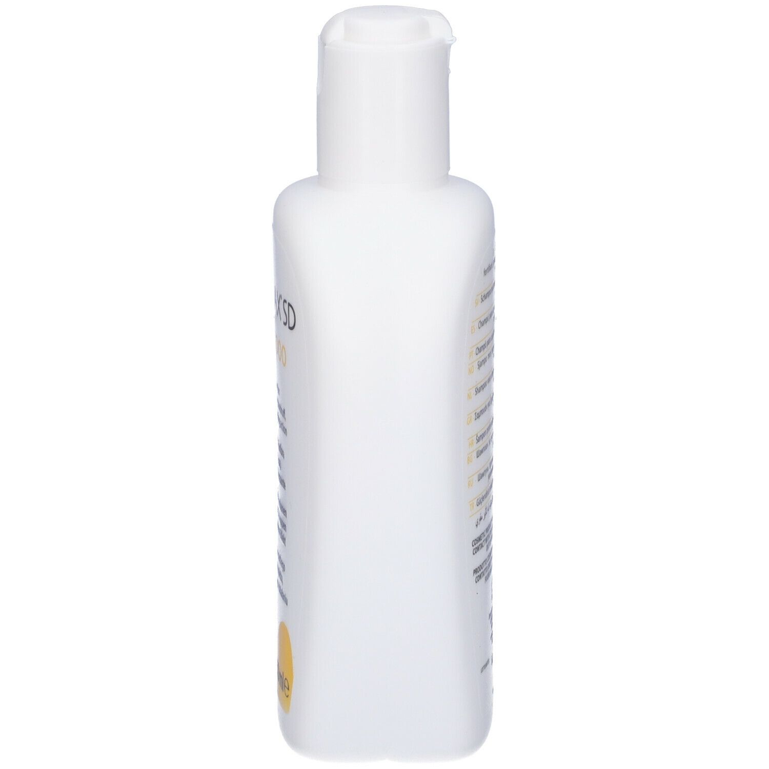 Flacone di shampoo bianco. Tappo a ribalta. Testo sul flacone.