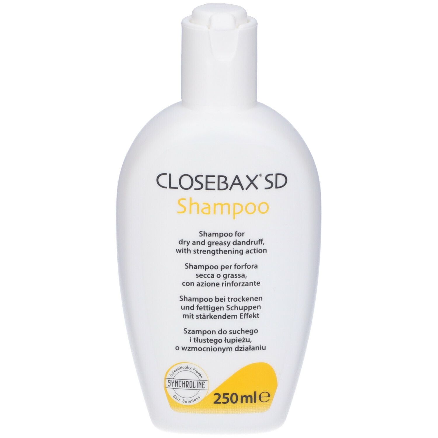 Flacone di shampoo bianco con etichetta gialla. Nome e descrizione del prodotto.