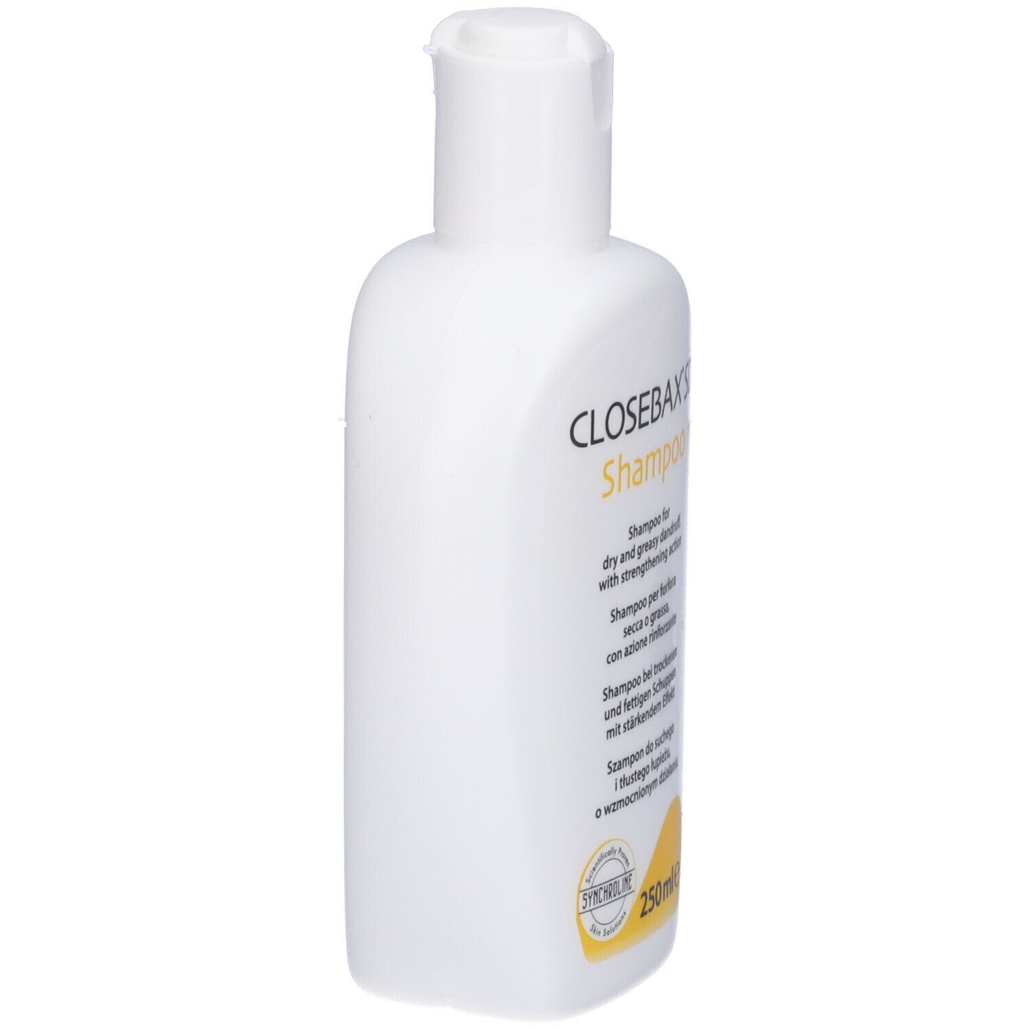 Flacone di shampoo bianco con etichetta gialla. Nome e descrizione del prodotto.