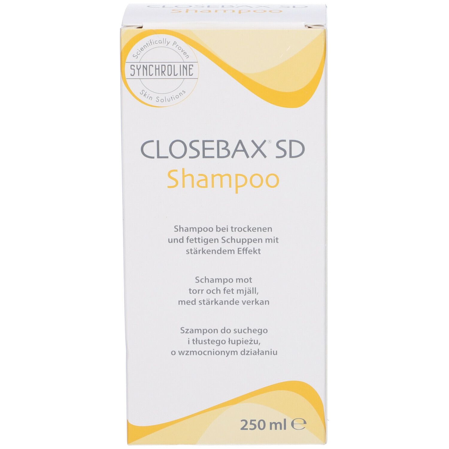 Confezione di Synchroline Closebax SD Shampoo. Bianco con dettagli gialli. Nome e descrizione del prodotto.