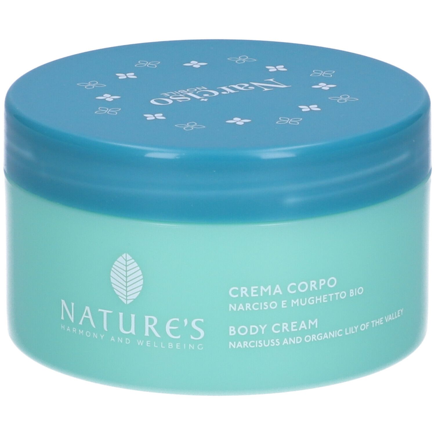 Vaso turchese con coperchio blu. Scritta: NATURE'S, Narciso Nobile, Crema Corpo, Body Cream. Logo bianco.
