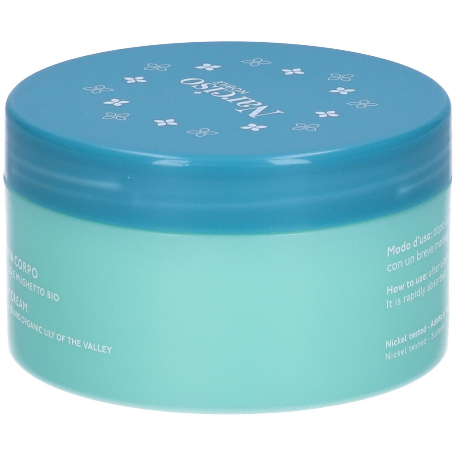 Vaso turchese con coperchio blu. Scritta: Narciso Nobile, Crema Corpo, Body Cream. Retro: testo.