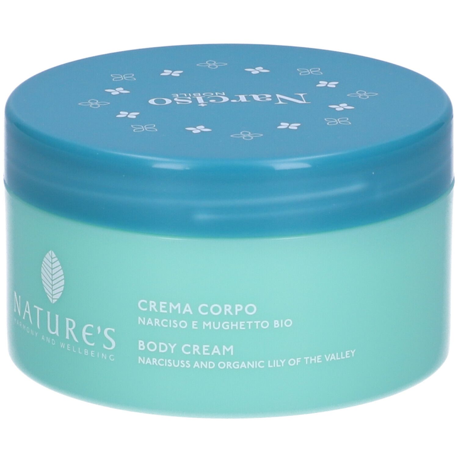 Vaso turchese con coperchio blu. Scritta: NATURE'S, Crema Corpo, Body Cream. Logo.