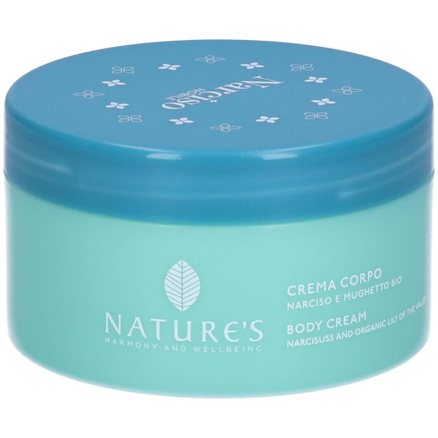 Vaso turchese con coperchio blu. Scritta: NATURE'S, Crema Corpo, Body Cream. Logo.