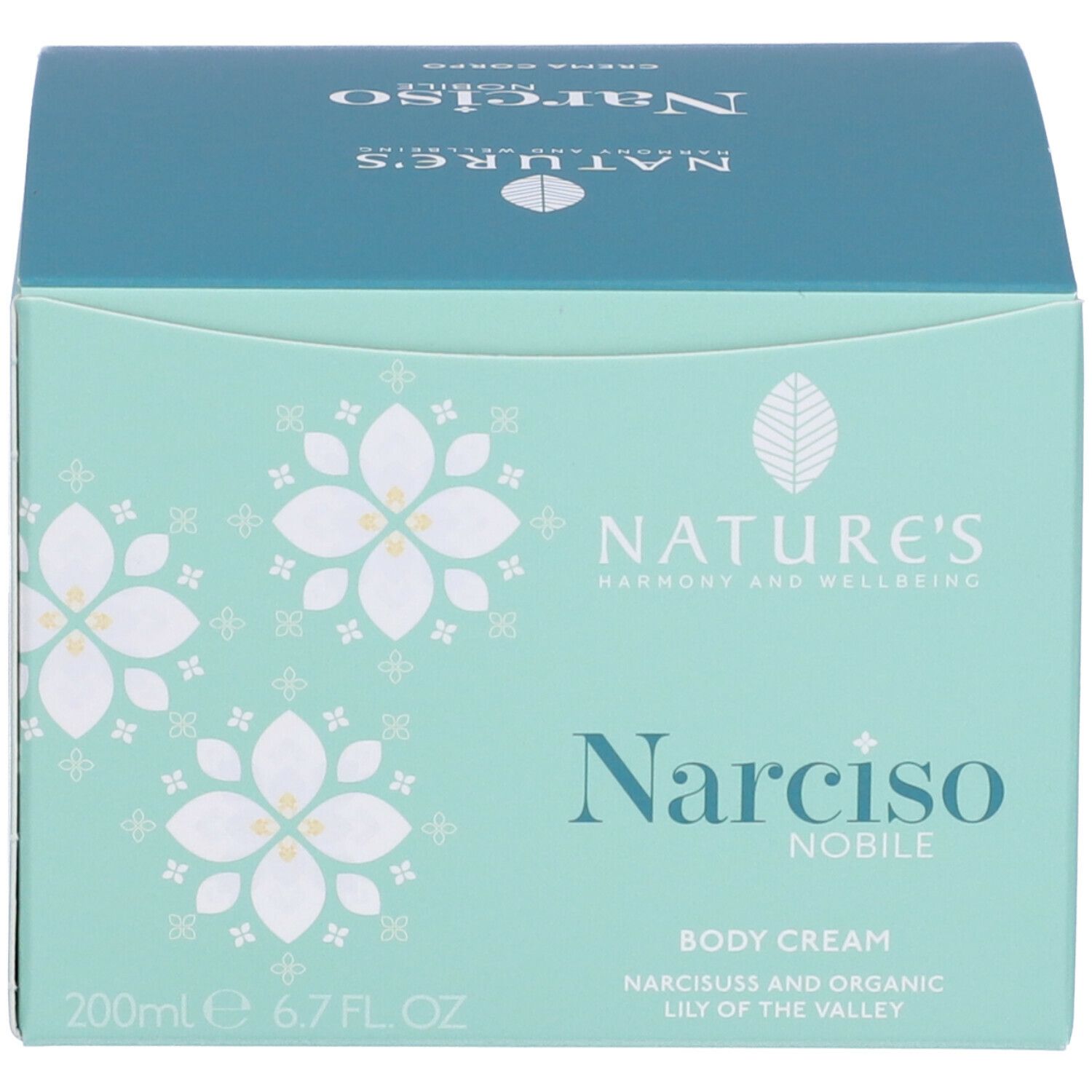 Confezione turchese. Scritta: NATURE'S, Narciso Nobile, Body Cream. Logo, fiori.