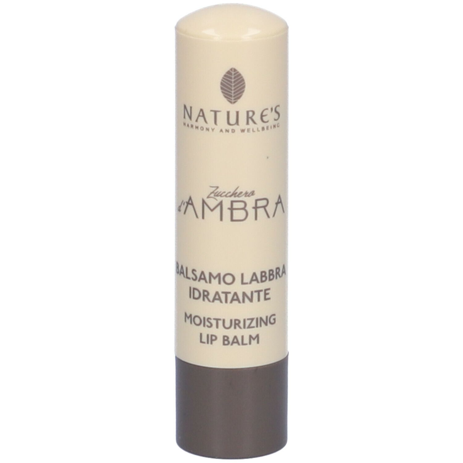 Stick balsamo labbra. Colore beige-marrone. Testo: NATURE'S, Zucchero d'Ambra, Balsamo Labbra Idratante, Moisturizing Lip Balm.