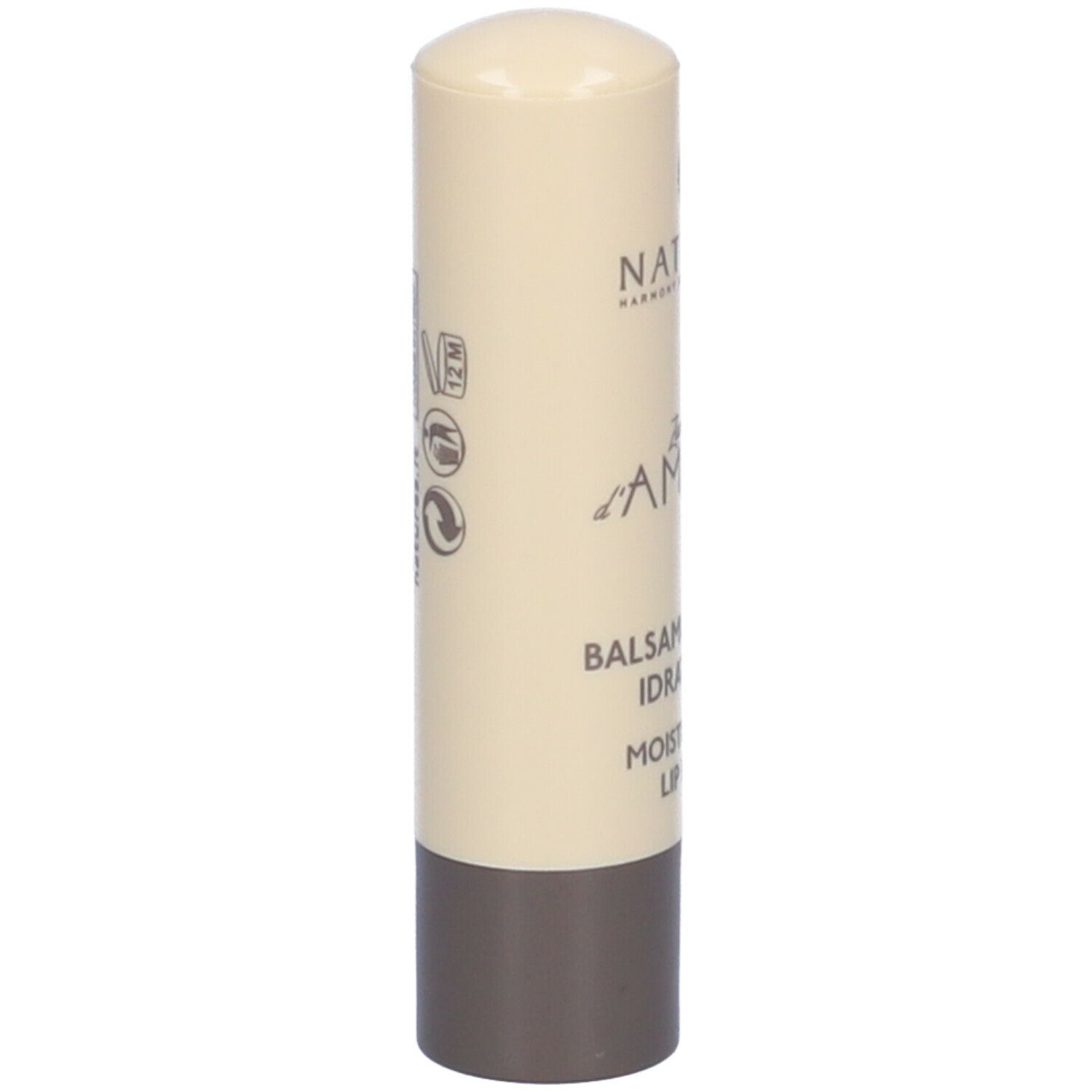 Stick balsamo labbra. Beige-marrone. Scritta: NATURE'S, Zucchero d'Ambra, Balsamo Labbra Idratante, Moisturizing Lip Balm.