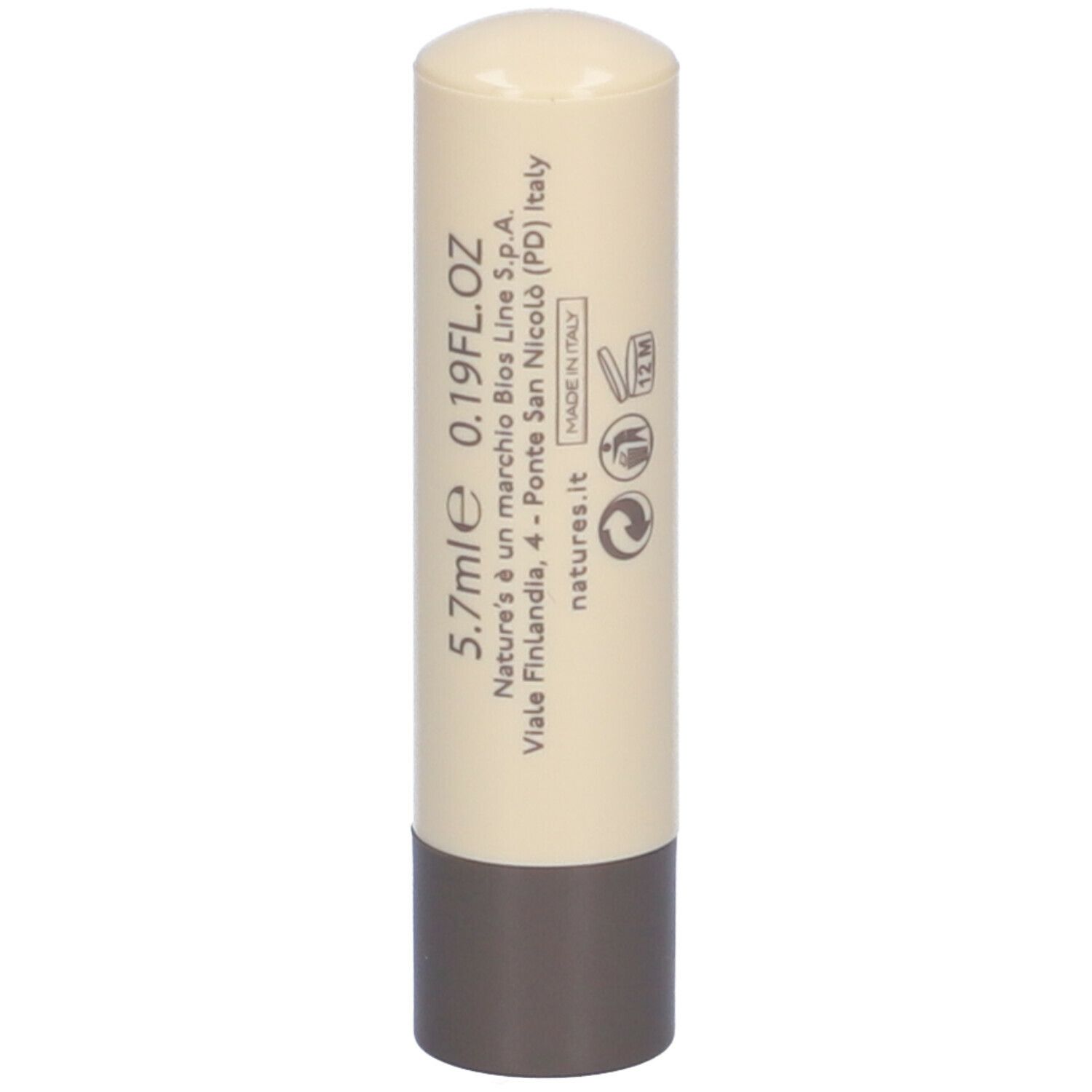 Stick balsamo labbra. Beige-marrone. Testo: 5.7ml 0.19FL.OZ, NATURE'S, Made in Italy.
